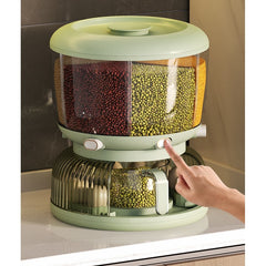 Dozator Etajat de Cereale Kadeny, Rotativ 360, 6 Compartimente, Capacitate 10L, Cofraj Special pentru Oua, Vas pentru Scurgerea Cerealelor, 35x27.5 cm, Verde