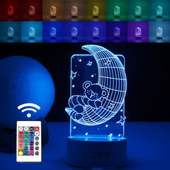 Lampa LED decorativa, Kaveny, 3D, Ursulet si Semiluna, cu telecomanda, doua moduri de alimentare USB si baterii, 20 cm inaltime, din material acril si lumina multicolora, alb