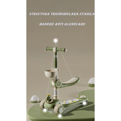 Trotineta Multifunctionala 3 in 1, Kaveny, pentru Copii, 1-7 Ani, cu Lumini si Muzica, Reglabil 360, Pliere Usoara, Reglarea Inaltimii, Model Dinozaur, Bej/Verde
