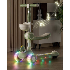 Trotineta Multifunctionala 3 in 1, Kaveny, pentru Copii, 1-7 Ani, cu Lumini si Muzica, Reglabil 360, Pliere Usoara, Reglarea Inaltimii, Model Dinozaur, Bej/Verde