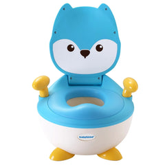 Olita pentru Copii, Kadeny, +6 luni, Compartiment Detasabil, cu Capac, Antiderapanta, din Plastic, Colac Moale, Model Animat Vulpe, cu Maner, 34.5 x 35 x 23 cm, Albastru/Alb
