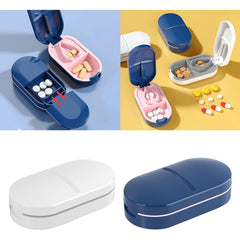 Organizator medicamente, Kaveny, Dispozitiv Taiere/Sfaramare Pastile, Ideala pentru Calatorii, Portabila, Perie pentru Curatare, Compartiment depozitare, 8.5x4.5x2.5 cm, Albastru