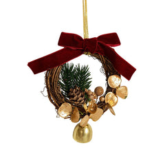 Ornament de Brad, Kadeny, tip Coronita de Craciun cu 1 Clopotel cu Flori Aurii si Conuri de Brad, Panglica Rosie de Velvet, 14 x 10 cm, Rosu