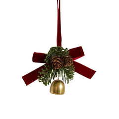 Ornament de Brad, Kadeny, tip Funda de Craciun cu 1 Clopotel Auriu si Conuri de Brad, Panglica Rosie de Velvet, 10 x 10 cm, Rosu