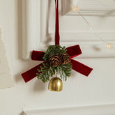Ornament de Brad, Kadeny, tip Funda de Craciun cu 1 Clopotel Auriu si Conuri de Brad, Panglica Rosie de Velvet, 10 x 10 cm, Rosu