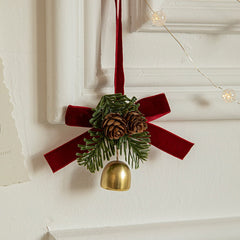 Ornament de Brad, Kadeny, tip Funda de Craciun cu 1 Clopotel Auriu si Conuri de Brad, Panglica Rosie de Velvet, 10 x 10 cm, Rosu