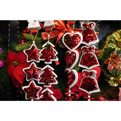 Ornament de brad trei inimi cu paiete, Kaveny, rosu, lemn, 36 cm