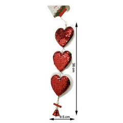 Ornament de brad trei inimi cu paiete, Kaveny, rosu, lemn, 36 cm