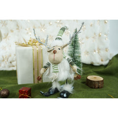 Ornament de Craciun ren pe schiuri, Kadeny, alb/verde, textil, 33 cm