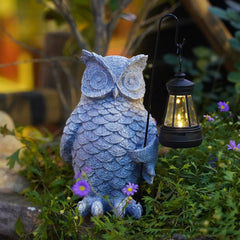 Ornament de Decor pentru Gradina cu LED, Kadeny, Model Bufnita cu Felinar, Decoratiune Exterioara pentru Casa si Gradina, din Rasina, 21.5x15 cm, Gri