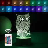 Lampa LED decorativa, Kaveny, 3D, Bufnita, cu USB si baterii, 20 cm inaltime, din material acril, lumina multicolora si telecomanda inclusa, alb
