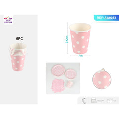 Pahar carton pentru petrecere PartyGo, 260 ml, carton, buline albe, roz, AA0051, set 6 buc