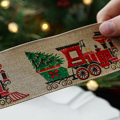 Panglica de Craciun pentru Decor Brad, Kadeny, Panglica Decorativa de Craciun pentru Funde, Imprimeu Trenulet, 200 x 6.3 m, Khaki