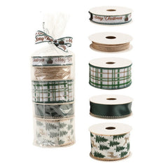 Panglica Decorativa cu Tematica de Craciun, Kadeny, Set din 4 bucat + 1 Rulon Ata Maro, Panglica pentru Cadou de Craciun Brad si Decor, 2 M per bucata, Model Brad, Alb Verde