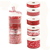 Panglica Decorativa cu Tematica de Craciun, Kadeny, Set din 4 bucat + 1 Rulon Ata Rosie Alba, Panglica pentru Cadou de Craciun Brad si Decor, 2 M per bucata, Model Acadele, Rosu