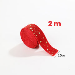 Panglica Decorativa de Craciun, Kadeny, Panglica din Panza cu aspec de Catifea, Funda Ornament, Model cu Stele Aurii, Decor pentru Brad de Craciun, 200 x 2.5 cm, Rosu