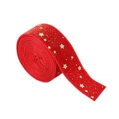 Panglica Decorativa de Craciun, Kadeny, Panglica din Panza cu aspec de Catifea, Funda Ornament, Model cu Stele Aurii, Decor pentru Brad de Craciun, 200 x 2.5 cm, Rosu