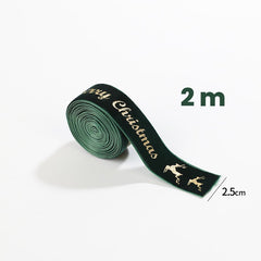 Panglica Decorativa de Craciun, Kadeny, Panglica din Panza cu aspec de Catifea, Funda Ornament, Model Merry Christmas si Cerbi Aurii, Decor pentru Brad de Craciun, 200 x 2.5 cm, Verde