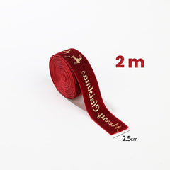 Panglica Decorativa de Craciun, Kadeny, Panglica din Panza cu aspec de Catifea, Funda Ornament, Model Merry Christmas si Cerbi Aurii, Decor pentru Brad de Craciun, 200 x 2.5 cm, Rosu