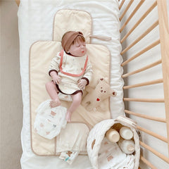 Patura Multifunctionala, Kaveny, pentru Schimbat Scutec, Impermeabila, din Bumbac, 50 x 70 cm, Portabila, Model Ursulet, Bej