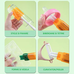 Perie 5 in 1 de Curatat Pahare, Cani, Sticle, Kadeny, cu Maner Lung, Accesorii pentru Spalarea Paielor si Capacelor, Usor de Agatat, 36x7x7cm, Portocaliu-Alb