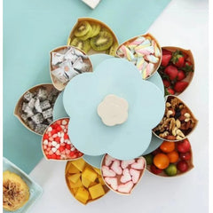 Tava pentru Servire, Kadeny, pentru Fructe / Legume / Snackuri, cu Sertare, Deschidere Rotativa, pe 2 Straturi, in Forma de Floare, 26 x 26 x 11.5 cm Albastru