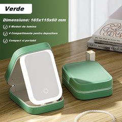 Portfard, Kadeny, Geanta Cosmetice, cu Oglinda LED, 3 Moduri de Lumina, Incarcare USB, Baterie 1200 mAh, pentru Organizarea Cosmeticelor, 4 Compartimente, Imitatie Piele, Verde, 16.5x11.5x6 cm