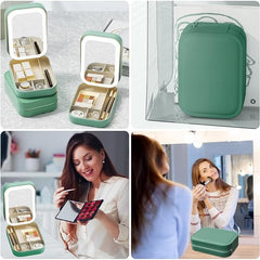 Portfard, Kadeny, Geanta Cosmetice, cu Oglinda LED, 3 Moduri de Lumina, Incarcare USB, Baterie 1200 mAh, pentru Organizarea Cosmeticelor, 4 Compartimente, Imitatie Piele, Verde, 16.5x11.5x6 cm