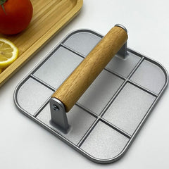 Presa Manuala pentru Carne, Kadeny, din Aliaj de Aluminiu, Maner din Lemn, Presa pentru Burgeri, Usor de Curatat si Folosit, Patrata, 16x16x6 cm, Gri