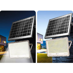 Proiector LED cu Panou Solar Kaveny, Senzor de lumina Waterproof, 200W, 29x23 cm, suport U inclus, panou afisaj nivel baterie, telecomand, 220V, Design Modern, Alb