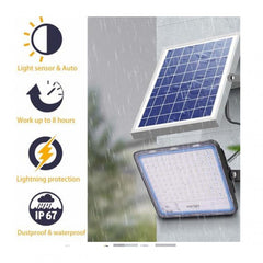 Proiector LED cu Panou Solar Kaveny, Senzor lumina, Waterproof, 216 LED-uri incorporate, 100W, 24x19 cm, IP 67, Design Modern, Negru