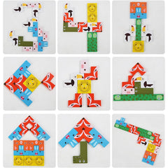 Puzzle din Lemn Kaveny, Tip Tetris, +4 Ani, cu Animale Colorate 3D, 40 Piese, Multicolor