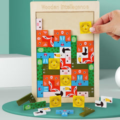 Puzzle din Lemn Kaveny, Tip Tetris, +4 Ani, cu Animale Colorate 3D, 40 Piese, Multicolor