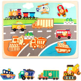 Puzzle Montessori din Lemn pentru Copii, Kaveny, 0-3 Ani, 3D, Model Transporturi, Educativ, Intuitiv, Creativ, 9 Piese, 30x22.5x0.8 cm, Multicolor