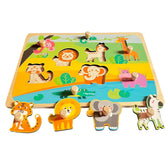 Puzzle Montessori din Lemn pentru Copii, Kaveny, 0-3 Ani, Model Animale din Jungla, Educativ, Intuitiv, Creativ, 9 Piese, 30x22.5x0.8 cm, Multicolor