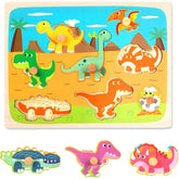 Puzzle Montessori din Lemn pentru Copii, Kaveny, 3D, 0-3 Ani, Model Dinozauri, Educativ, Intuitiv, Creativ, 8 Piese, 30x22.5x0.8 cm, Multicolor