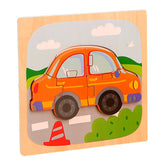 Puzzle Montessori din Lemn pentru Copii, Kaveny, 3D, 0-3 Ani, Model Masina, Educativ, Intuitiv, Creativ, 5 Piese, 15x15x0.5 cm, Multicolor