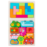Puzzle Montessori din Lemn pentru Copii, Kaveny, Tip Tetris 2in1, +3 Ani, cu Masini Colorate 3D, Educativ, Intuitiv, Creativ, 21 de Piese, 28.5x17x1.2 cm, Multicolor