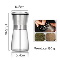 Rasnita Manuala pentru boabe, Kadeny, Rasnita pentru Piper Sare Cafea, din Sticla cu Otel inoxidabil, 13.5 x 6.5 cm, volum 180 ml, Transparenta cu Capac din Inox