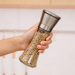 Rasnita Manuala pentru boabe, Kadeny, Rasnita pentru Piper Sare Cafea, din Sticla cu Otel inoxidabil, 19.2 x 6.4 cm, volum 200 ml, Transparenta cu Capac din Inox