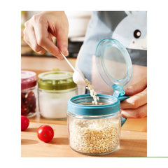 Recipient Condimente, Kadeny, din Stilca, 180 ml, cu Maner si Lingurita, 8 x 9 cm, Capac Transparent, Albastru