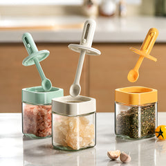 Recipient pentru Depozitarea Condimentelor, Kadeny, Borcan din Sticla, Capac si Lingura Incorporate, Uz Casnic, 300 ml, 7.1x7.1x14.8 cm, Verde