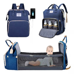 Rucsac Multifunctional pentru Mamici, Kaveny, cu Patut Pliabil si Baza de Schimbat, Rezistent la Apa, Capacitate Mare, Usor, Compartimente Multiple, Buzunar Termic pentru Lapte, 42 x 32 x 22 cm, Albastru Inchis