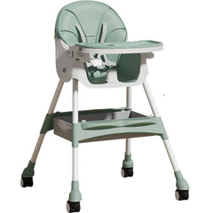 Scaun de masa pentru bebelusi si copii Kaveny, cu roti, telescopic, pliabil, masuta reglabila, suport picioare, scaun invelis piele artificiala, centura siguranta, spatiu depozitare, 97 x 73 x 65 cm, verde
