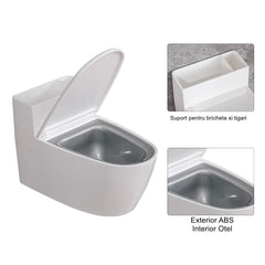 Scrumiera creativa Kadeny, Forma de Toaleta, Capac Alb , Material ABS si Otel Inoxidabil, 12.5 x 9.8 x 8.4 cm, Fixare prin Lipire sau De Sine Statator, pentru Baie, Camera, Bucatarie, Balcon, Alb