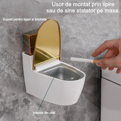 Scrumiera creativa Kadeny, Forma de Toaleta, Capac Auriu, Material ABS si Otel Inoxidabil, 12.5 x 9.8 x 8.4 cm, Fixare prin Lipire sau De Sine Statator, pentru Baie, Camera, Bucatarie, Balcon, Auriu