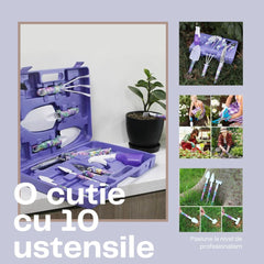 Set 10 accesorii pentru gradinarit Kadeny, geanta depozitare inclusa, otel inoxidabil, 37 x 28 cm, mov
