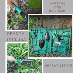 Set 10 accesorii pentru gradinarit Kadeny, geanta depozitare inclusa, otel inoxidabil, 37 x 28 cm, verde