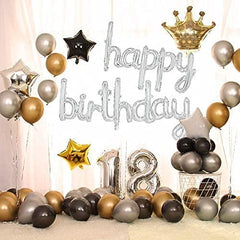 Set 10 Baloane din Folie Metalizata, Kaveny, Figurine Litere, Model Scris de Mana Happy Birthday, Tema Aniversare, 40 cm, Ambalaj Individual, Pai Inclus, Umflare cu Aer sau Heliu, Argintiu
