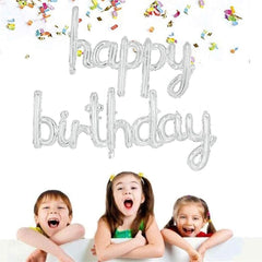 Set 10 Baloane din Folie Metalizata, Kaveny, Figurine Litere, Model Scris de Mana Happy Birthday, Tema Aniversare, 40 cm, Ambalaj Individual, Pai Inclus, Umflare cu Aer sau Heliu, Argintiu